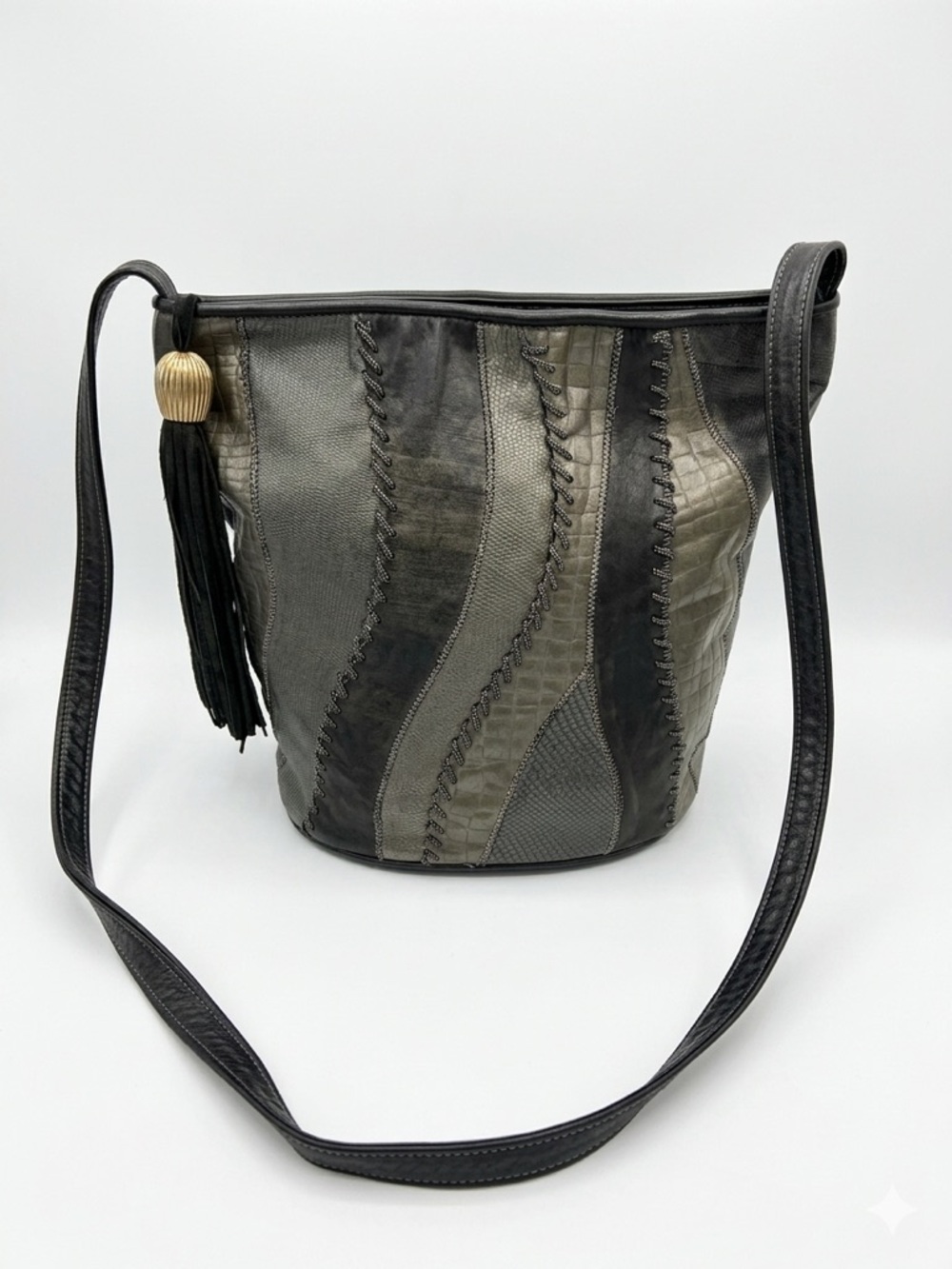 VINTAGE Whimsigoth Patchwork Crossbody Bag | Mixed Texture Metallic Boho Tassel